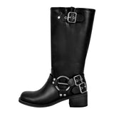 Chunky Heel Buckle Square Toe Boots