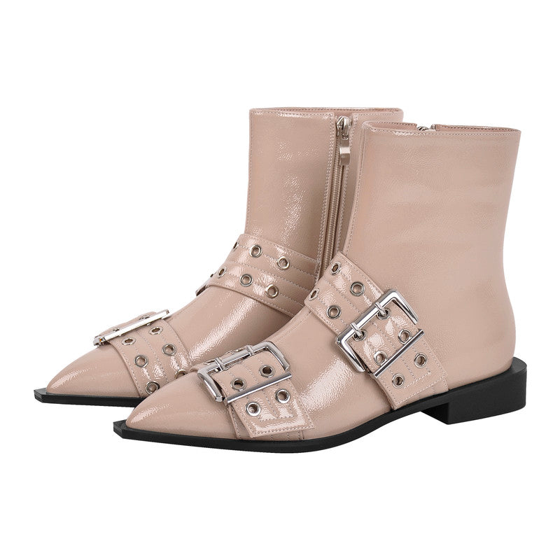 Pointed Toe Belt Strap Patent Leather Ankle Boots