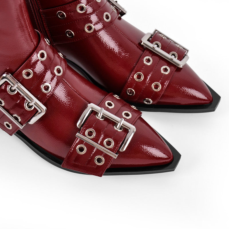 Pointed Toe Belt Strap Patent Leather Ankle Boots