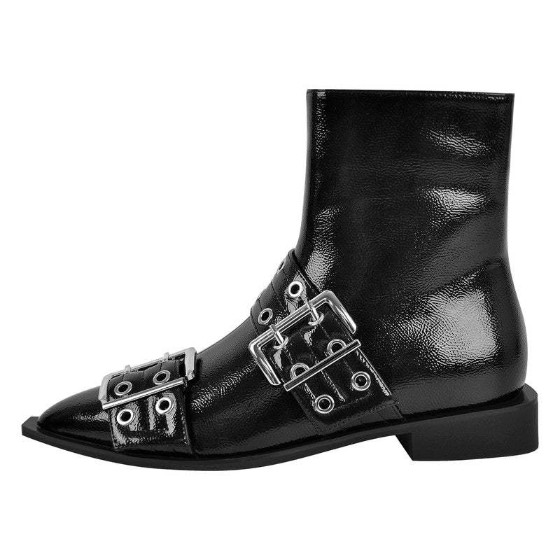 Pointed Toe Belt Strap Patent Leather Ankle Boots