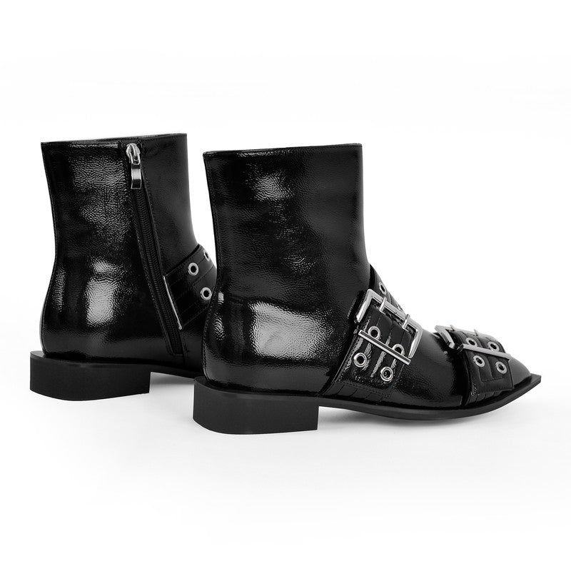 Pointed Toe Belt Strap Patent Leather Ankle Boots