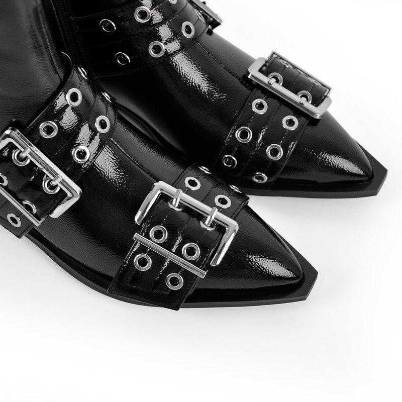 Pointed Toe Belt Strap Patent Leather Ankle Boots