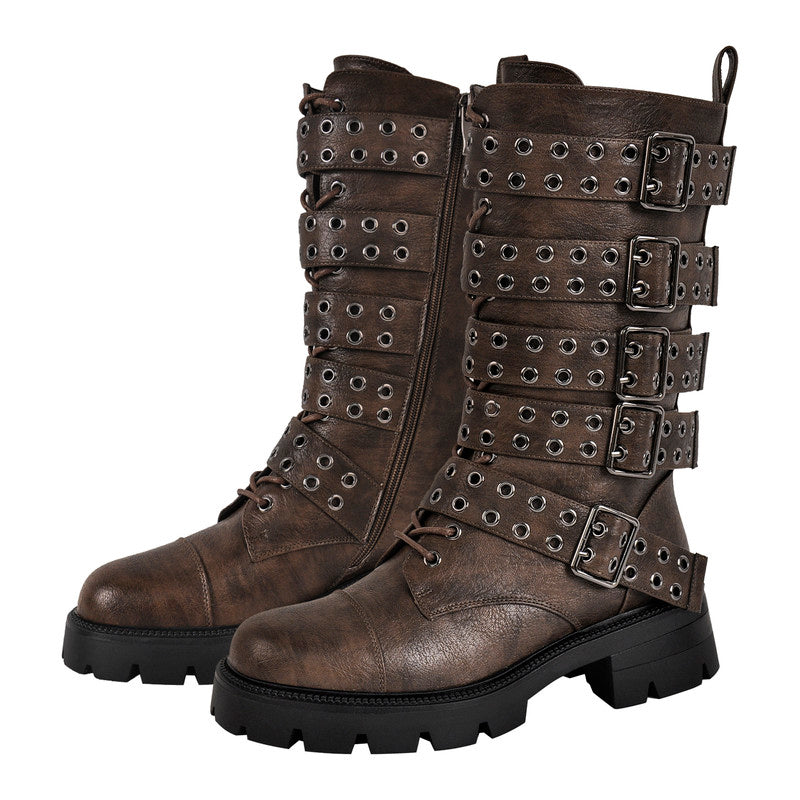 Round Toe Buckle Strap Boots