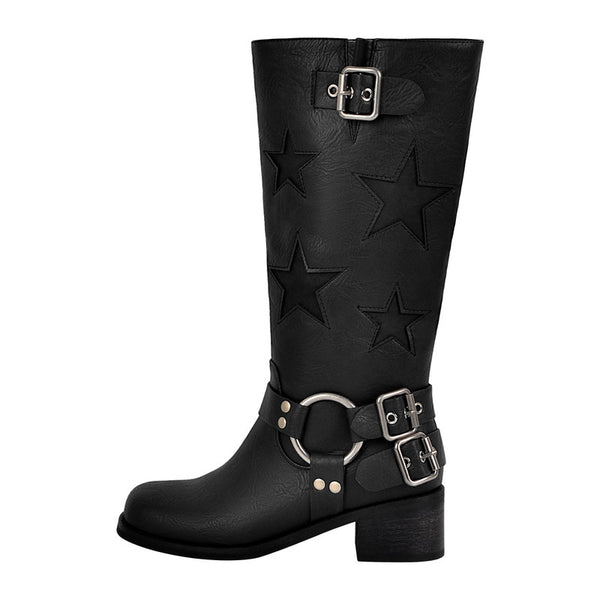 Star Square Toe Buckle Knee High Boots