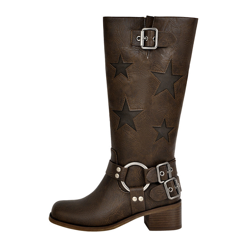 Star Square Toe Buckle Knee High Boots