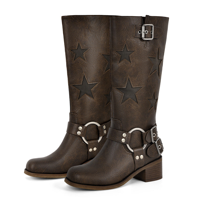 Star Square Toe Buckle Knee High Boots