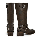 Star Square Toe Buckle Knee High Boots