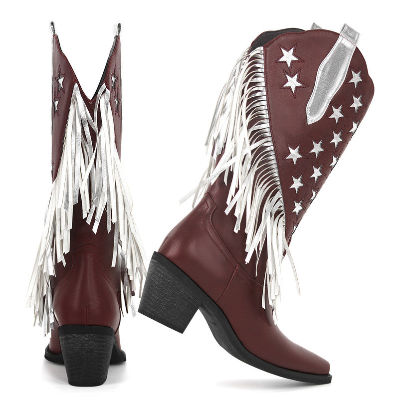 Star Fringe Mid-Calf Cowboy Boots