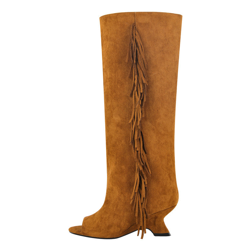 Suede Fringe Peep Toe boots Shaped Heel