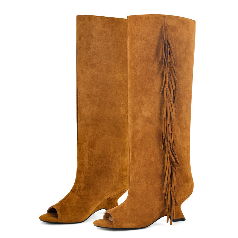 Suede Fringe Peep Toe boots Shaped Heel