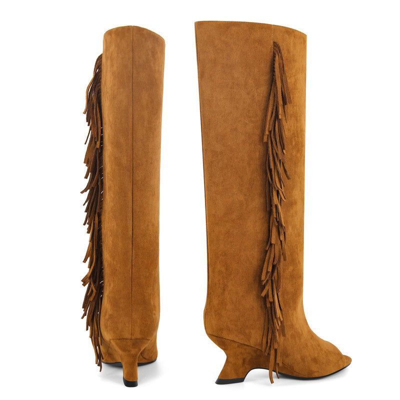 Suede Fringe Peep Toe boots Shaped Heel