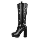 Chunky Heel Rivet Round Toe Leder boots