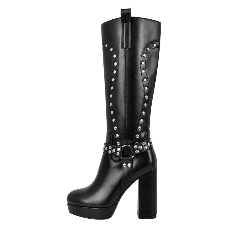 Chunky Heel Rivet Round Toe Leder boots