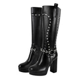 Chunky Heel Rivet Round Toe Leder boots