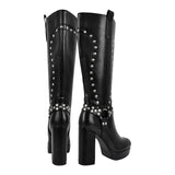 Chunky Heel Rivet Round Toe Leder boots