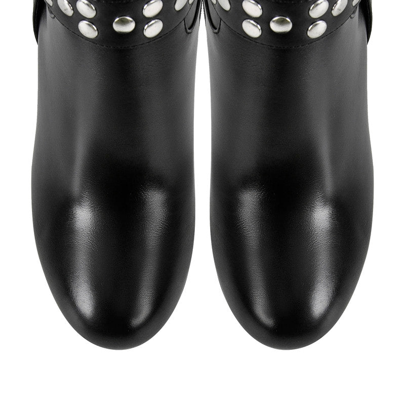 Chunky Heel Rivet Round Toe Leder boots