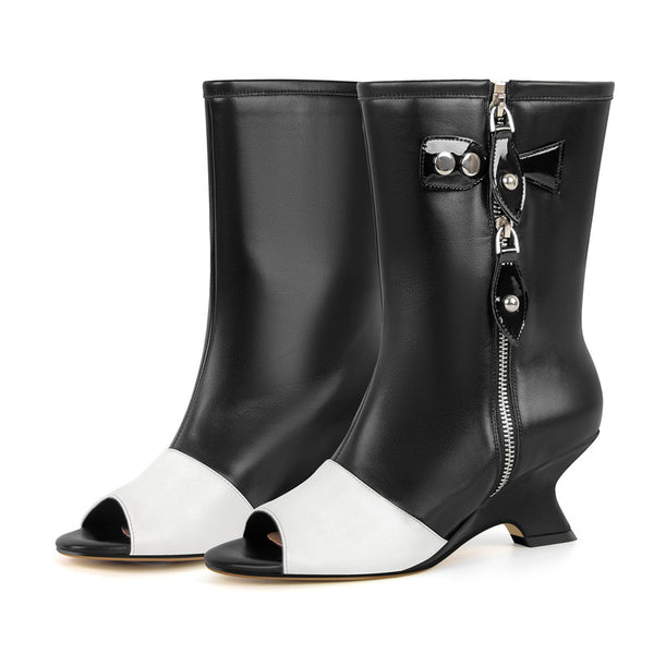 Peep Toe Leather Shaped Heel Ankle Boots