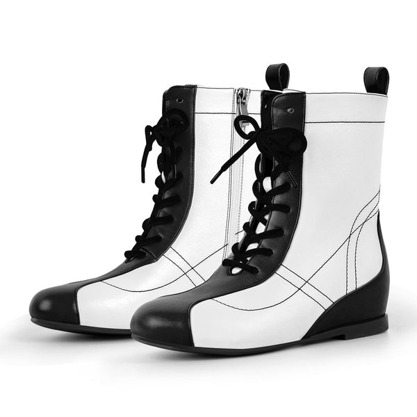 Zipper Lace-up Round Toe Boxing Ankle Boots