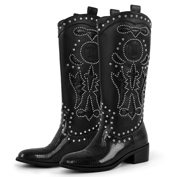 Rivet Cowboy Patchwork Mid-Calf Boots