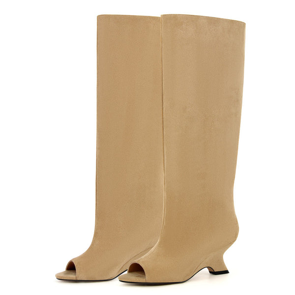 Peep Toe Suede boots Shaped Heel Knee High